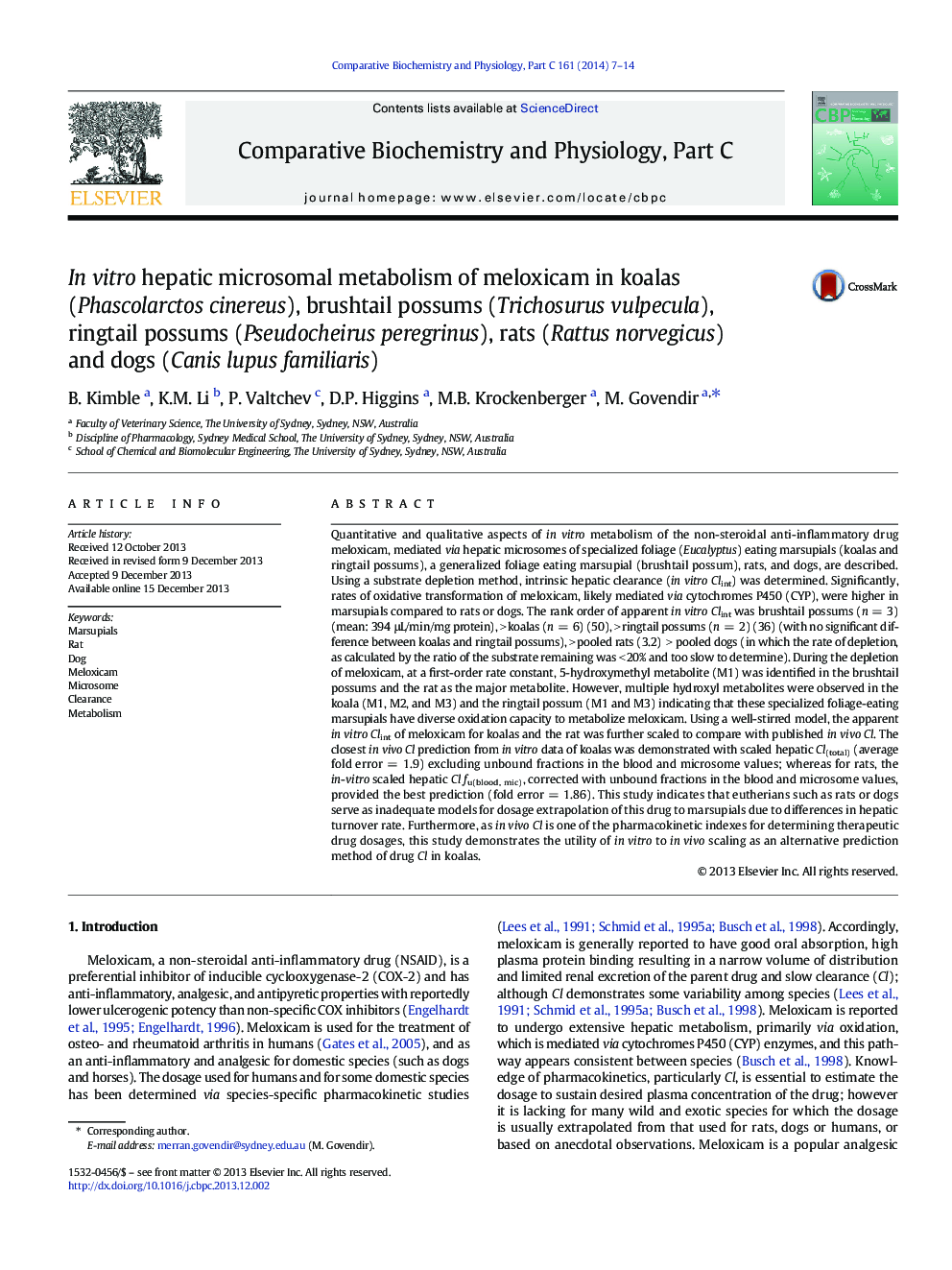 In vitro hepatic microsomal metabolism of meloxicam in koalas (Phascolarctos cinereus), brushtail possums (Trichosurus vulpecula), ringtail possums (Pseudocheirus peregrinus), rats (Rattus norvegicus) and dogs (Canis lupus familiaris)