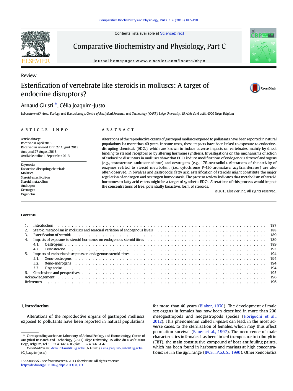 Esterification of vertebrate like steroids in molluscs: A target of endocrine disruptors?