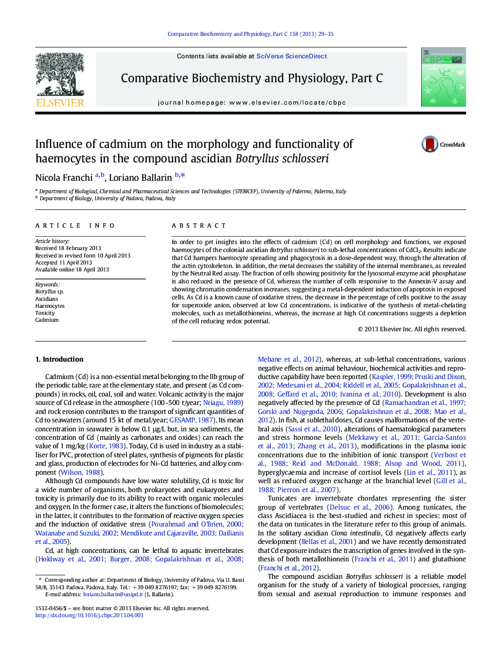 Influence of cadmium on the morphology and functionality of haemocytes in the compound ascidian Botryllus schlosseri