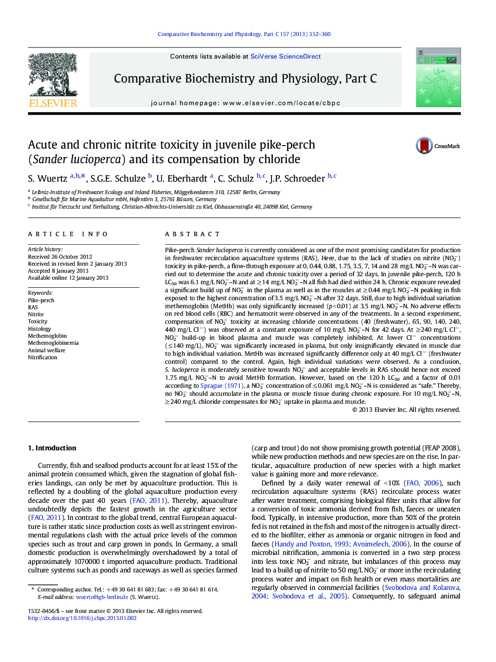 Acute and chronic nitrite toxicity in juvenile pike-perch (Sander lucioperca) and its compensation by chloride