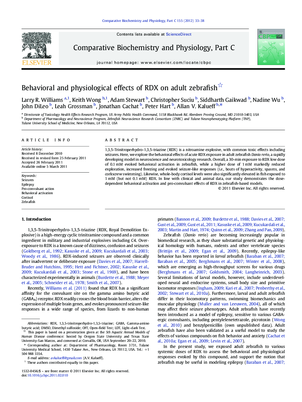 Behavioral and physiological effects of RDX on adult zebrafish 