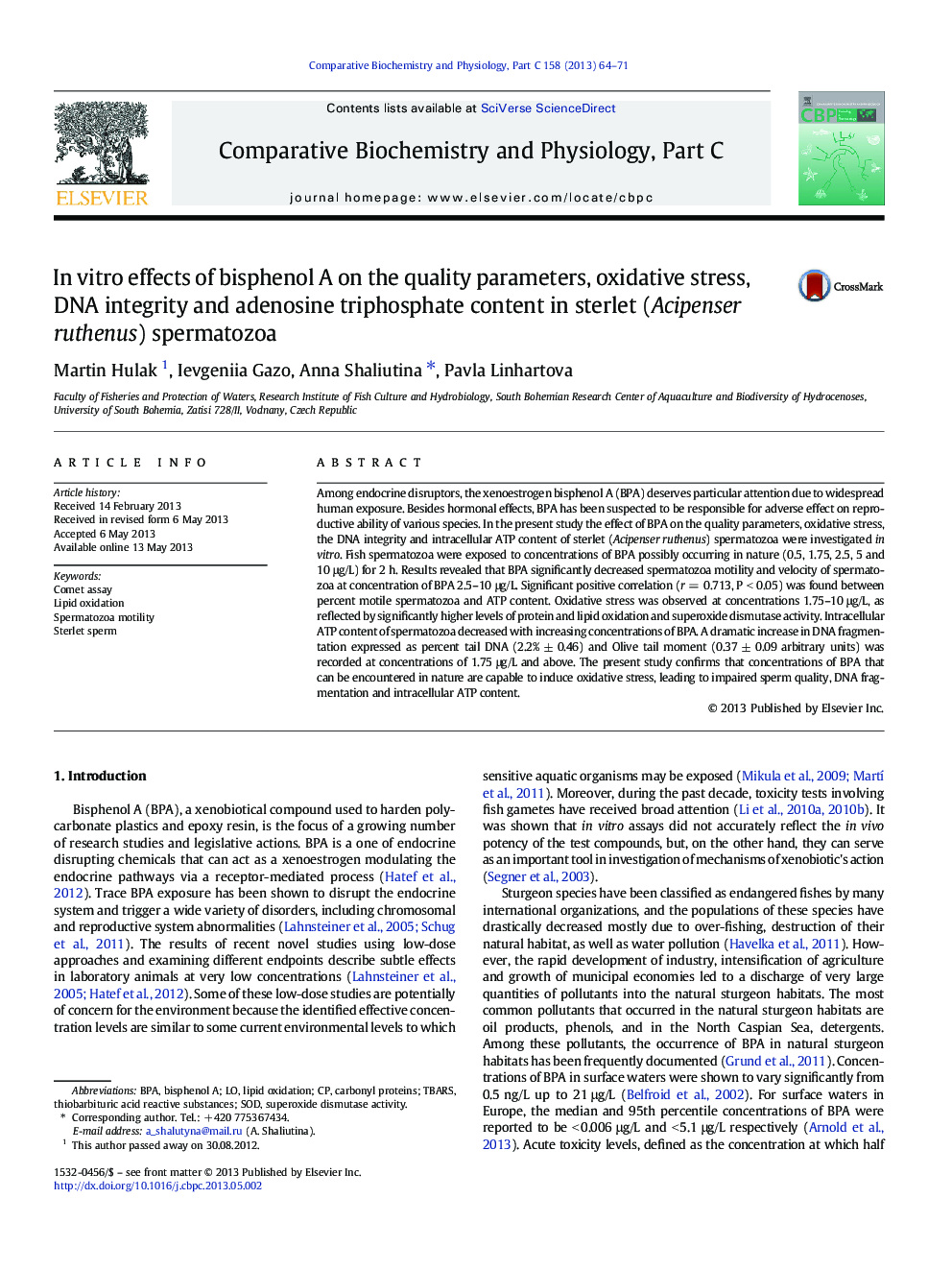 In vitro effects of bisphenol A on the quality parameters, oxidative stress, DNA integrity and adenosine triphosphate content in sterlet (Acipenser ruthenus) spermatozoa