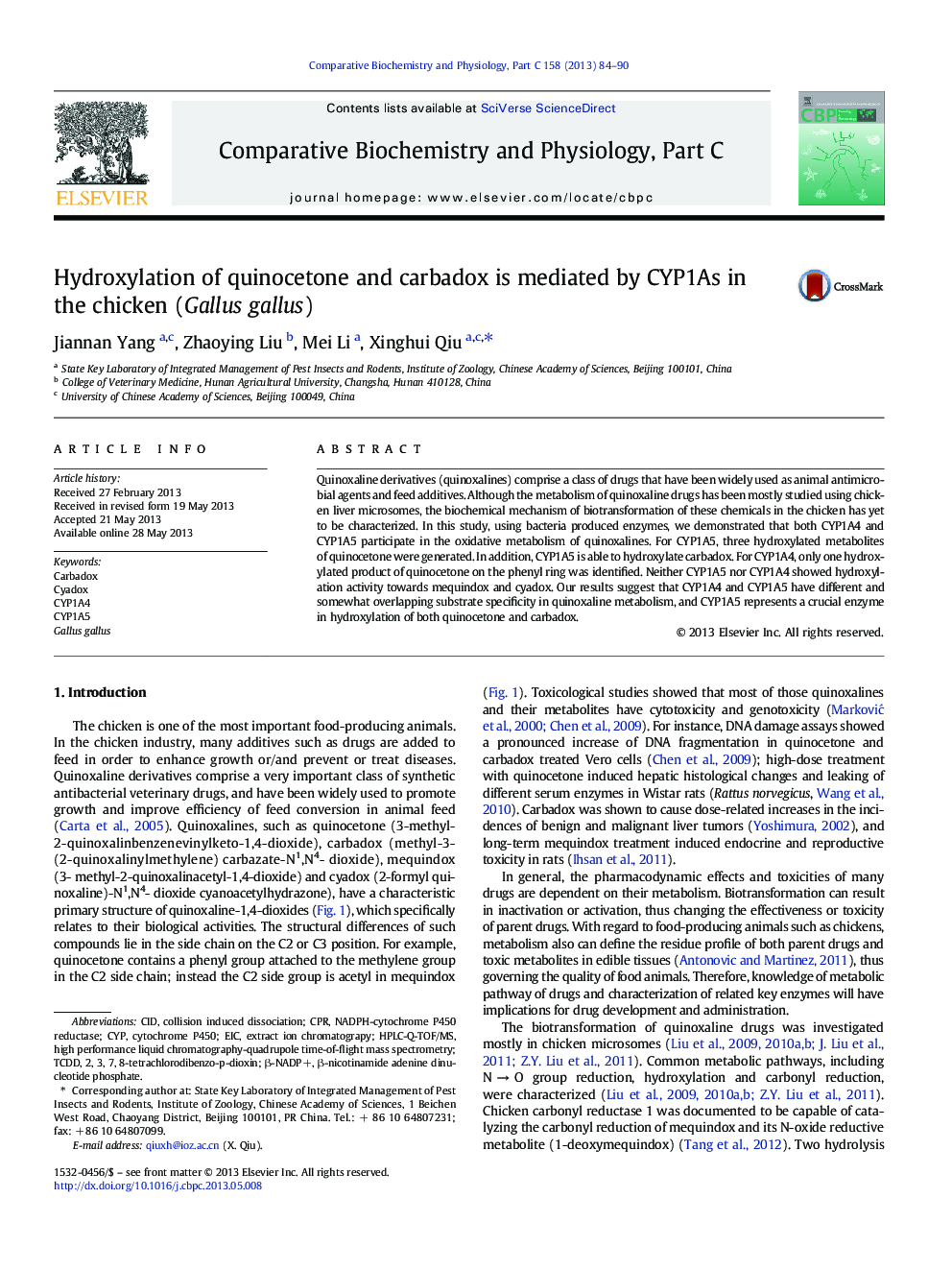 Hydroxylation of quinocetone and carbadox is mediated by CYP1As in the chicken (Gallus gallus)