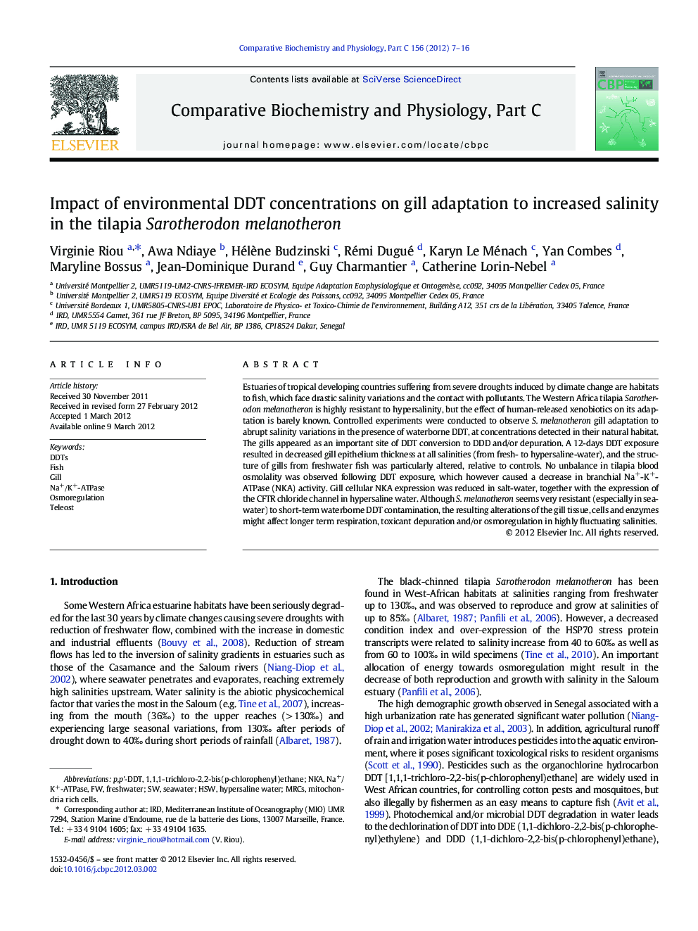 Impact of environmental DDT concentrations on gill adaptation to increased salinity in the tilapia Sarotherodon melanotheron