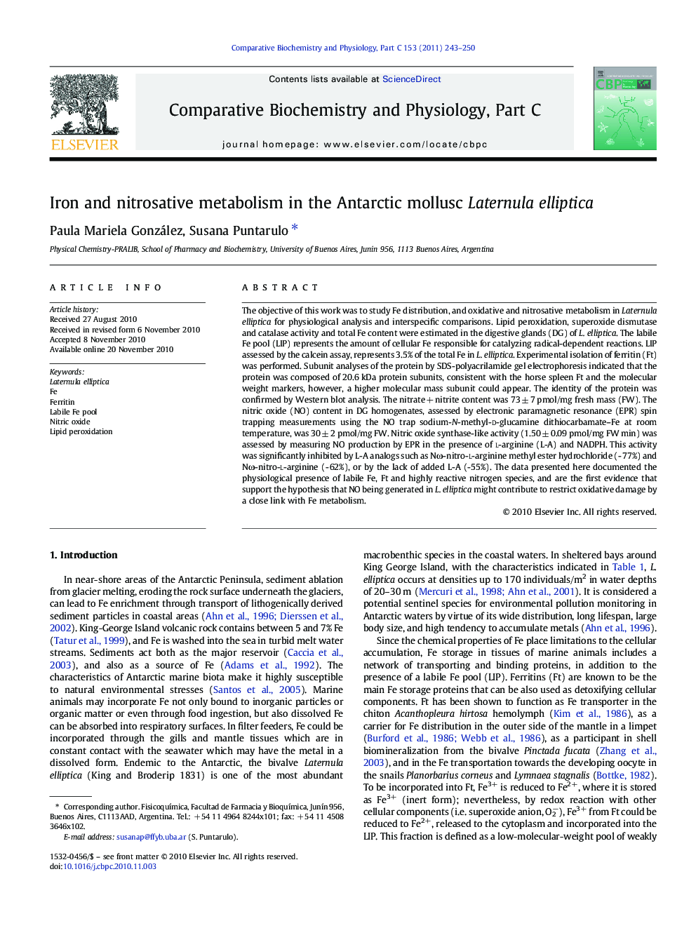 Iron and nitrosative metabolism in the Antarctic mollusc Laternula elliptica