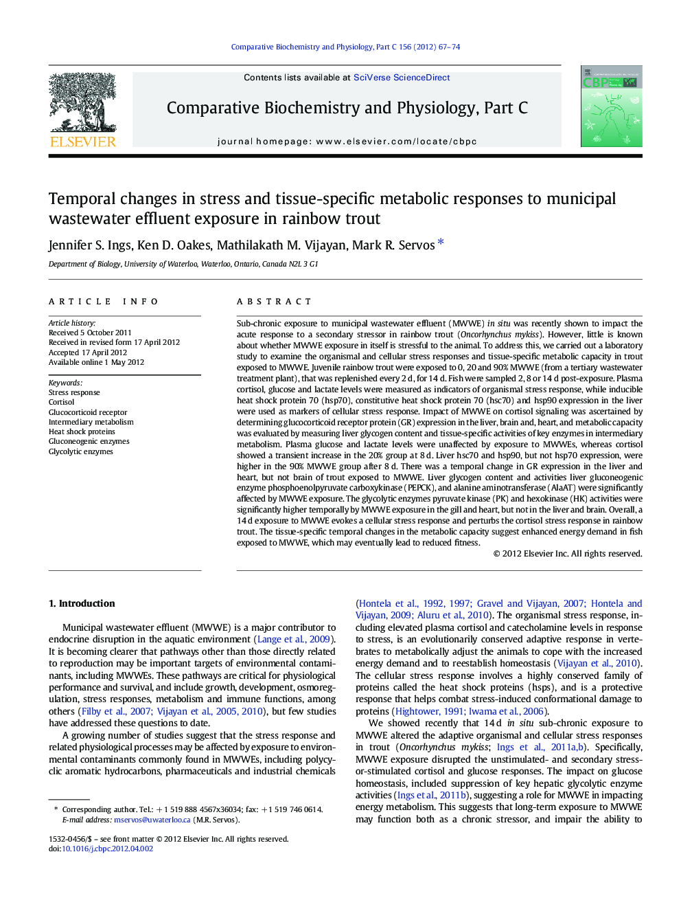 Temporal changes in stress and tissue-specific metabolic responses to municipal wastewater effluent exposure in rainbow trout