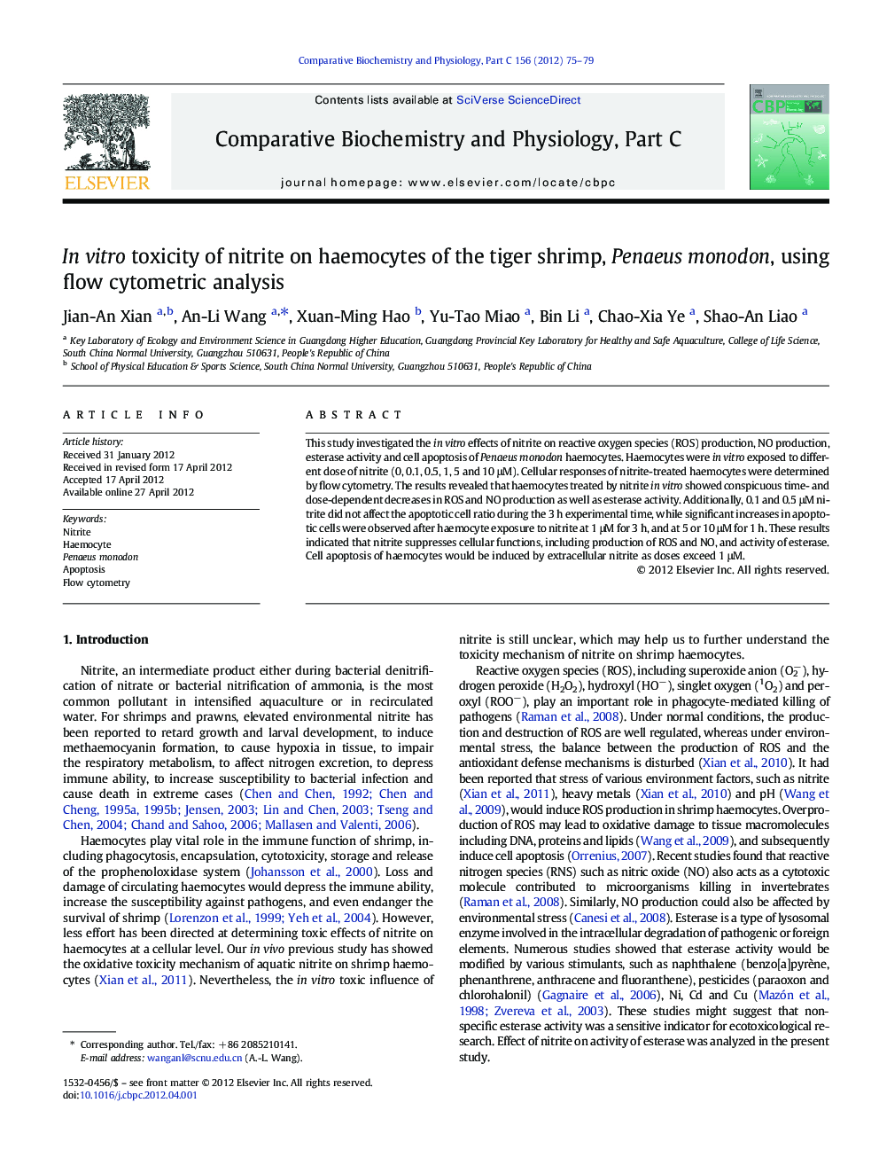 In vitro toxicity of nitrite on haemocytes of the tiger shrimp, Penaeus monodon, using flow cytometric analysis