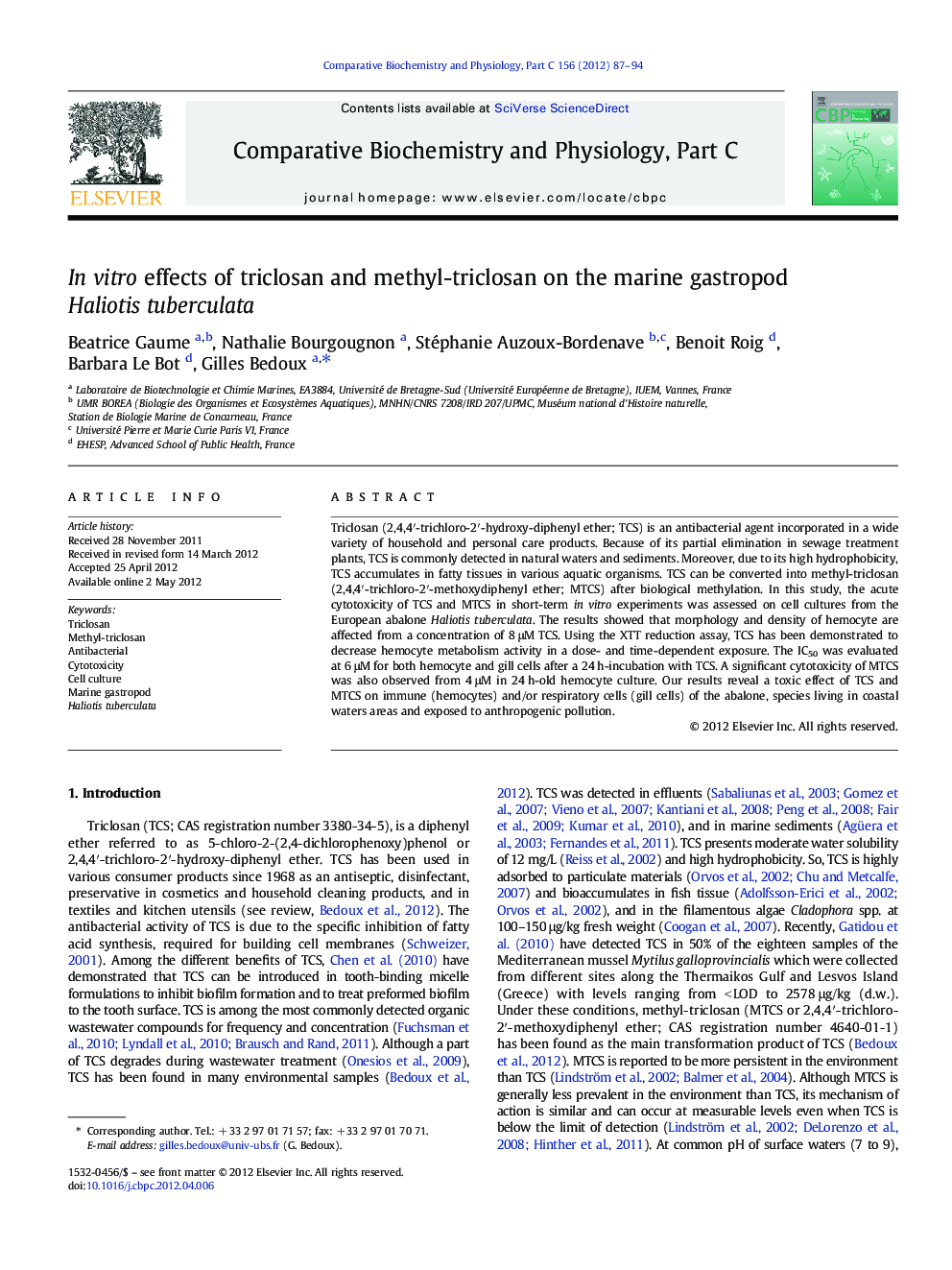In vitro effects of triclosan and methyl-triclosan on the marine gastropod Haliotis tuberculata