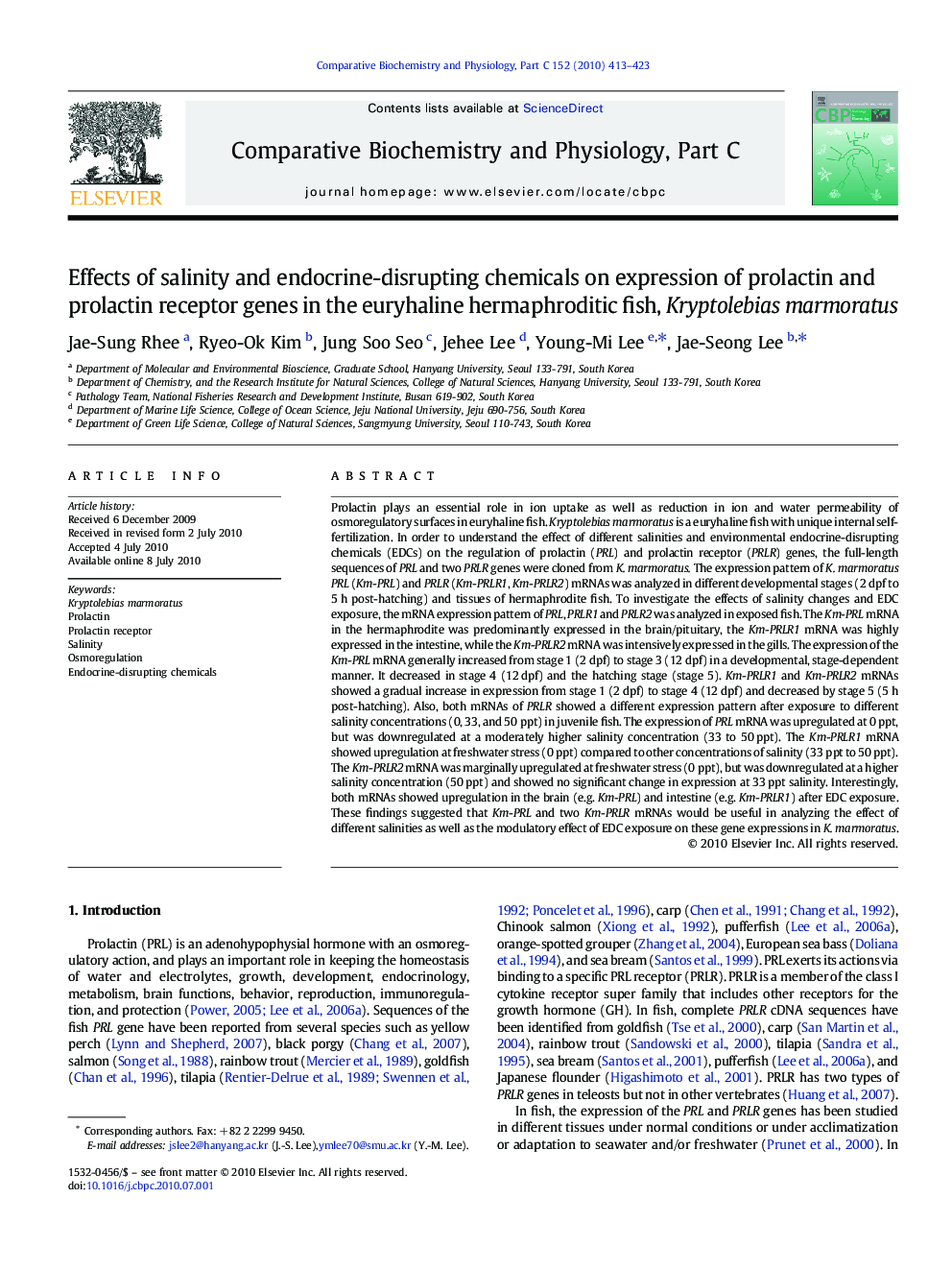 Effects of salinity and endocrine-disrupting chemicals on expression of prolactin and prolactin receptor genes in the euryhaline hermaphroditic fish, Kryptolebias marmoratus