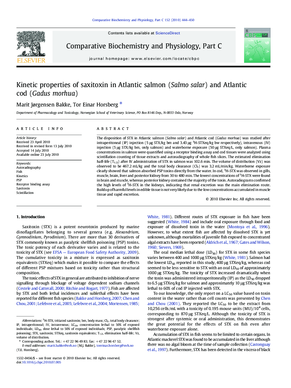 Kinetic properties of saxitoxin in Atlantic salmon (Salmo salar) and Atlantic cod (Gadus morhua)