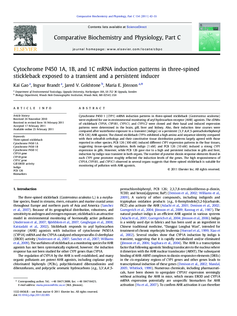 Cytochrome P450 1A, 1B, and 1C mRNA induction patterns in three-spined stickleback exposed to a transient and a persistent inducer