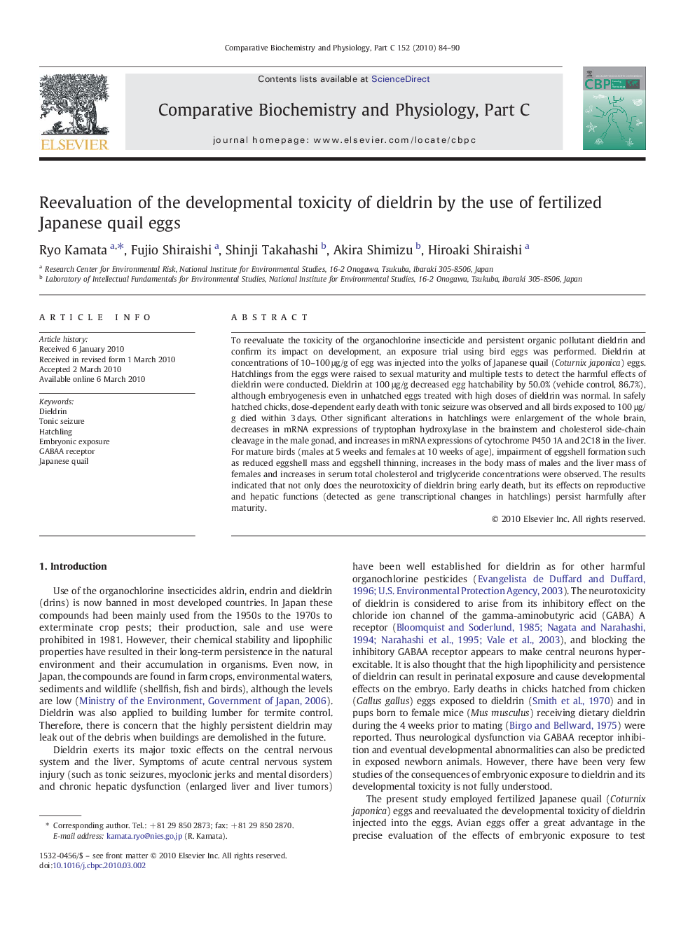 Reevaluation of the developmental toxicity of dieldrin by the use of fertilized Japanese quail eggs