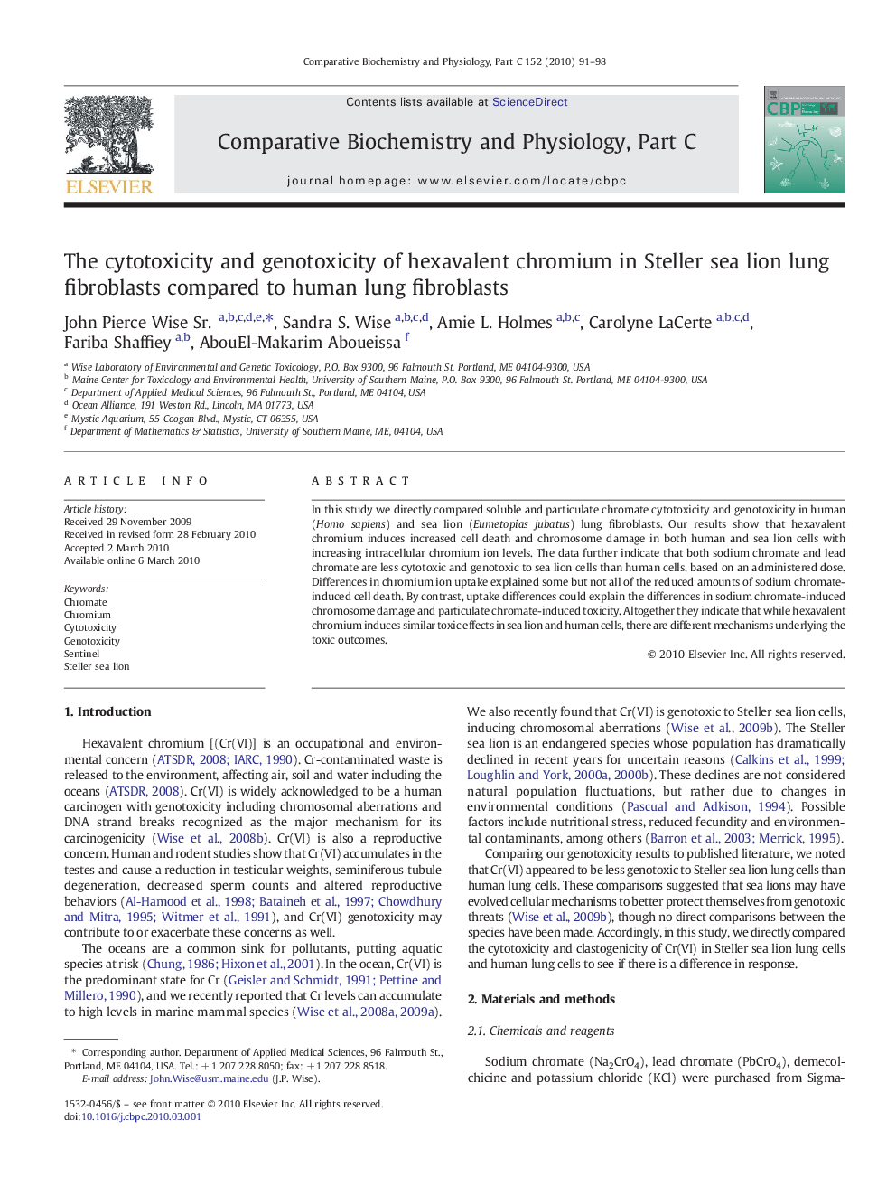 The cytotoxicity and genotoxicity of hexavalent chromium in Steller sea lion lung fibroblasts compared to human lung fibroblasts