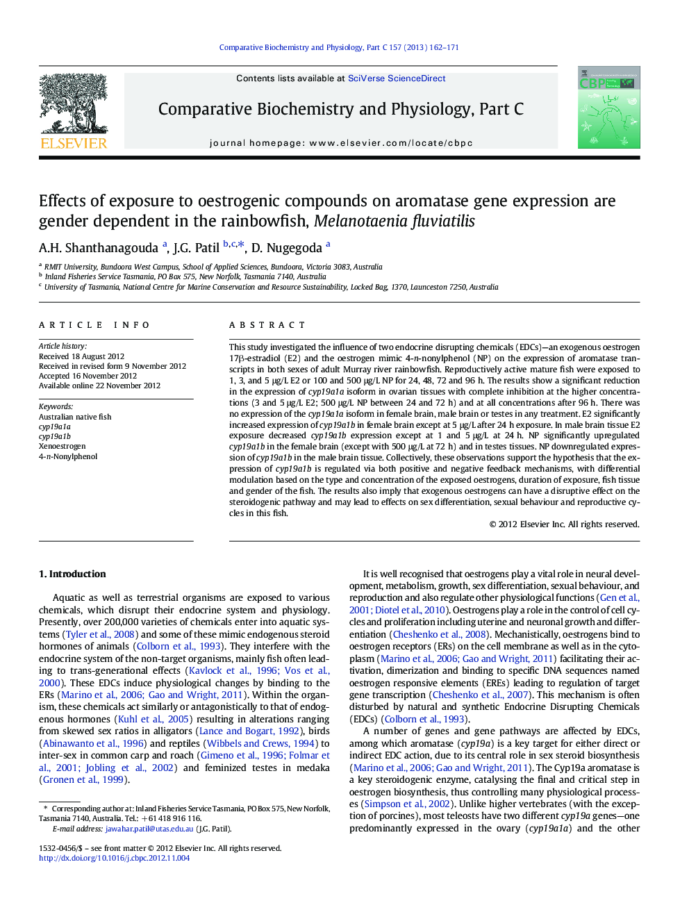 Effects of exposure to oestrogenic compounds on aromatase gene expression are gender dependent in the rainbowfish, Melanotaenia fluviatilis