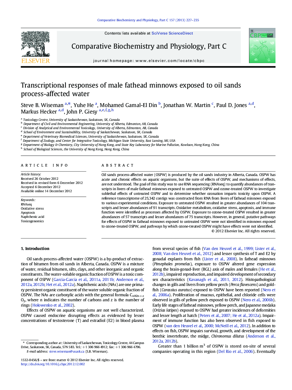 Transcriptional responses of male fathead minnows exposed to oil sands process-affected water