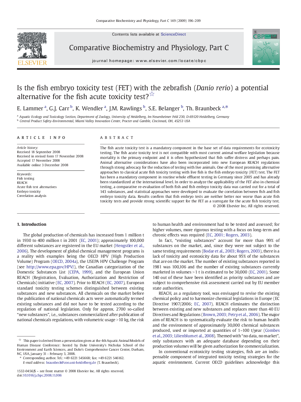 عکس صفحه اول مقاله: Is the fish embryo toxicity test (FET) with the zebrafish (Danio rerio) a potential alternative for the fish acute toxicity test? Is the fish embryo toxicity test (FET) with the zebrafish (Danio rerio) a potential alternative for the fish acute toxicity test?