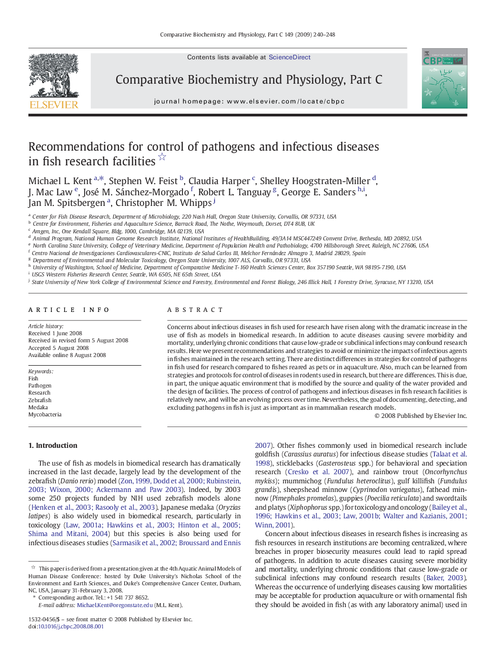 Recommendations for control of pathogens and infectious diseases in fish research facilities 