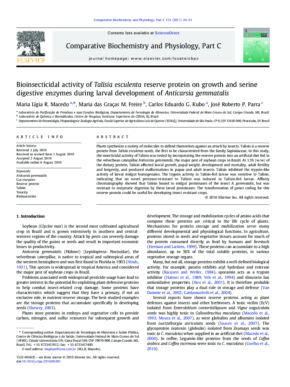 Bioinsecticidal activity of Talisia esculenta reserve protein on growth and serine digestive enzymes during larval development of Anticarsia gemmatalis