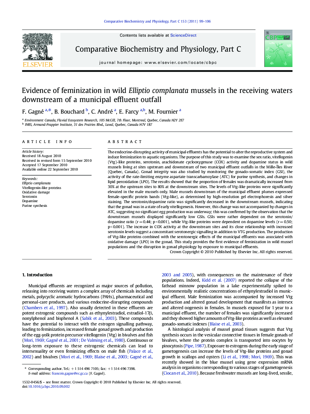 Evidence of feminization in wild Elliptio complanata mussels in the receiving waters downstream of a municipal effluent outfall