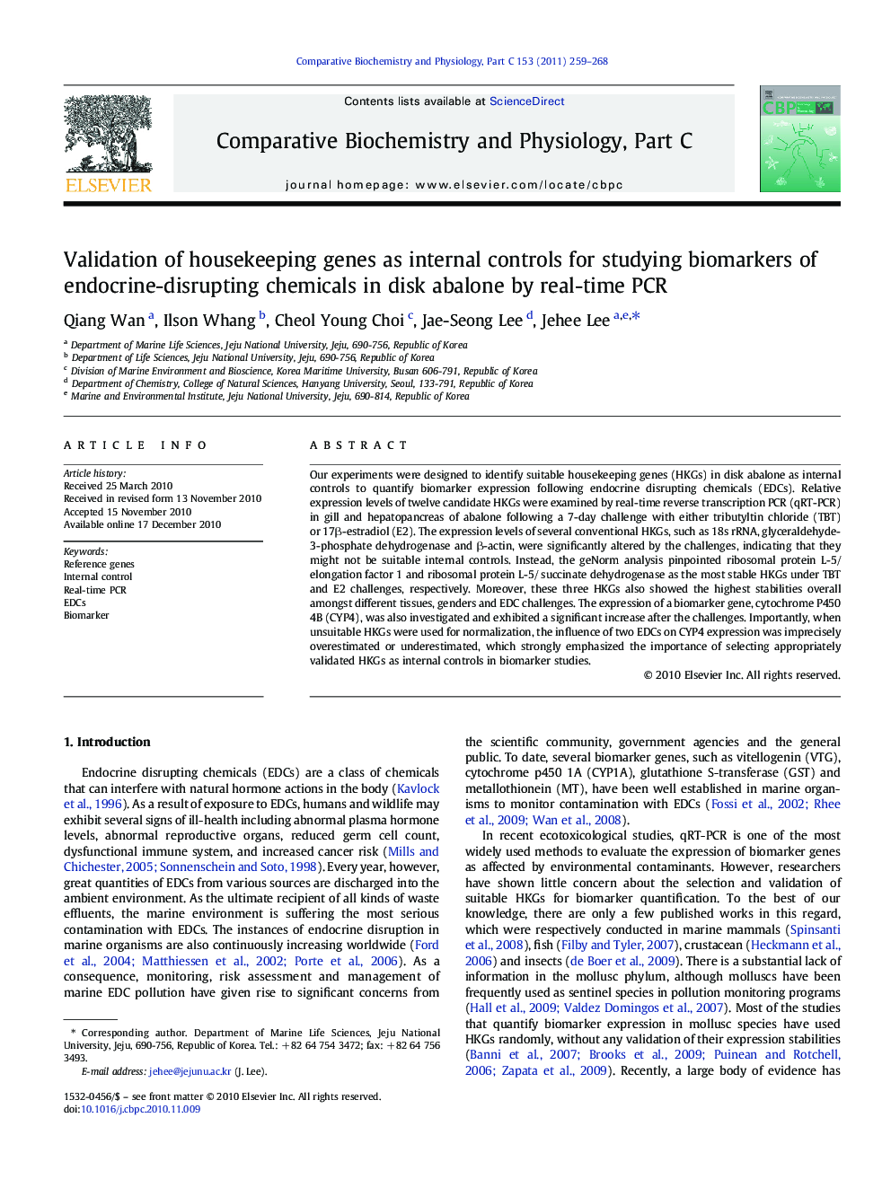 Validation of housekeeping genes as internal controls for studying biomarkers of endocrine-disrupting chemicals in disk abalone by real-time PCR