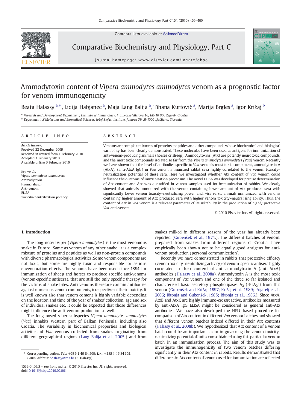 Ammodytoxin content of Vipera ammodytes ammodytes venom as a prognostic factor for venom immunogenicity