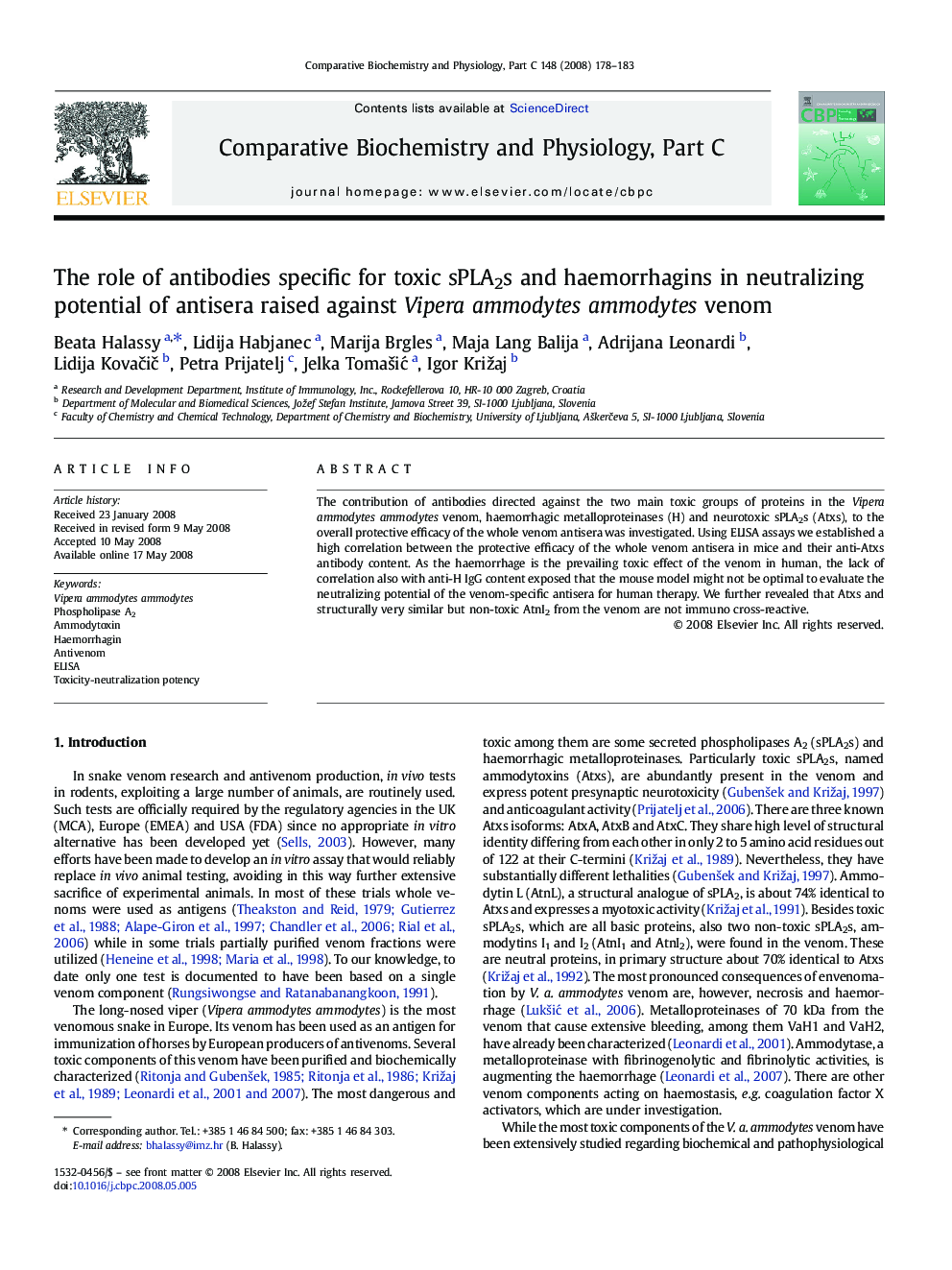 The role of antibodies specific for toxic sPLA2s and haemorrhagins in neutralizing potential of antisera raised against Vipera ammodytes ammodytes venom