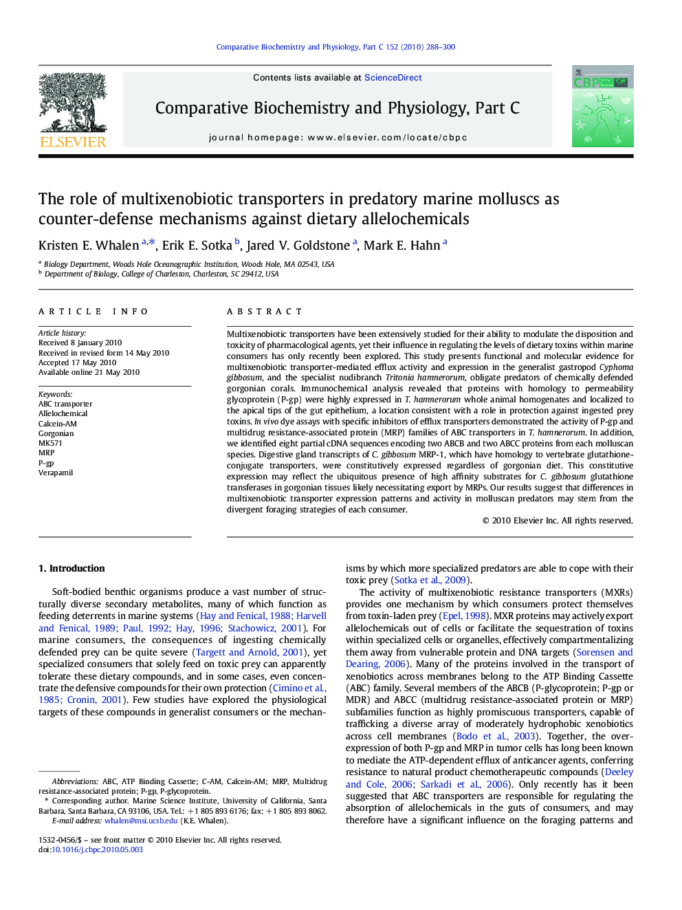 The role of multixenobiotic transporters in predatory marine molluscs as counter-defense mechanisms against dietary allelochemicals