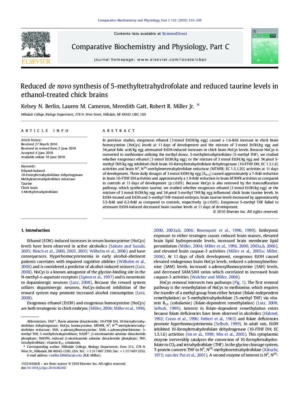 Reduced de novo synthesis of 5-methyltetrahydrofolate and reduced taurine levels in ethanol-treated chick brains