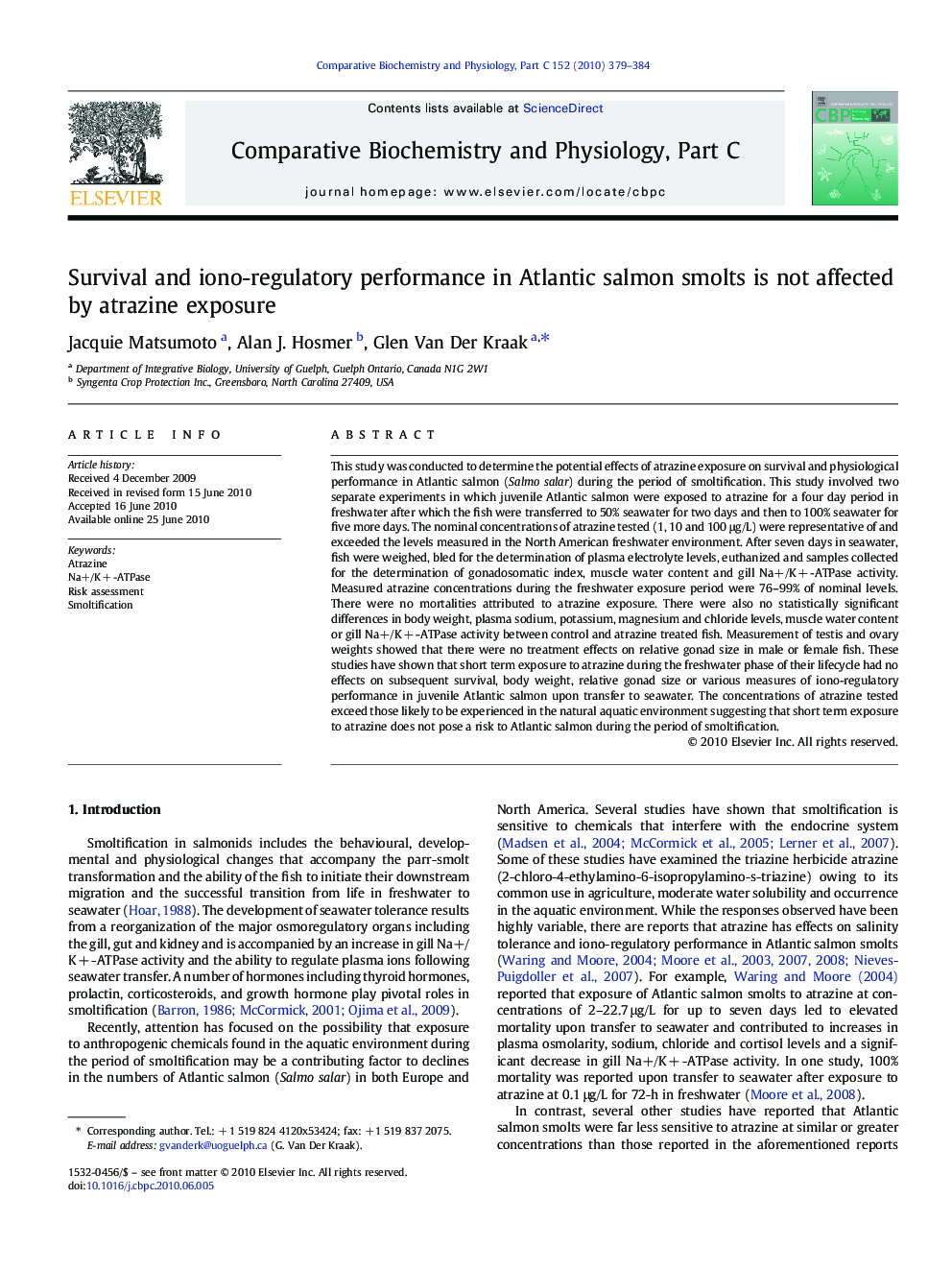 Survival and iono-regulatory performance in Atlantic salmon smolts is not affected by atrazine exposure