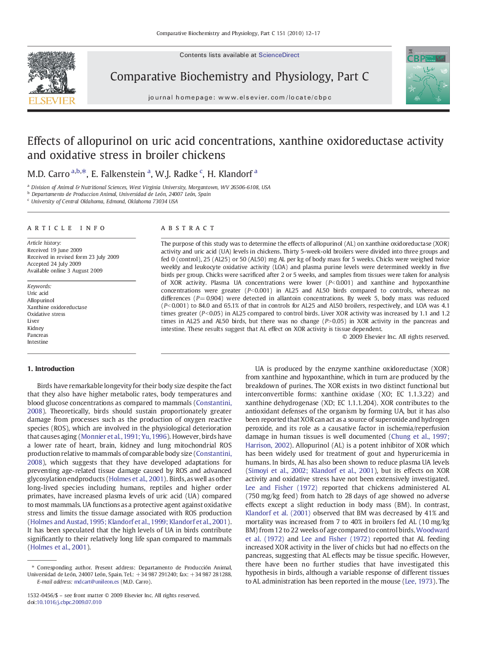 Effects of allopurinol on uric acid concentrations, xanthine oxidoreductase activity and oxidative stress in broiler chickens