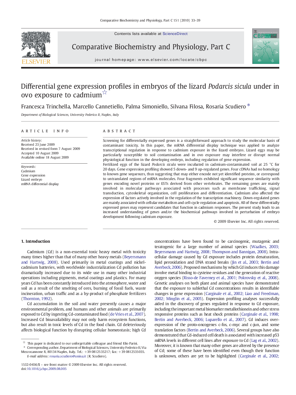 Differential gene expression profiles in embryos of the lizard Podarcis sicula under in ovo exposure to cadmium 