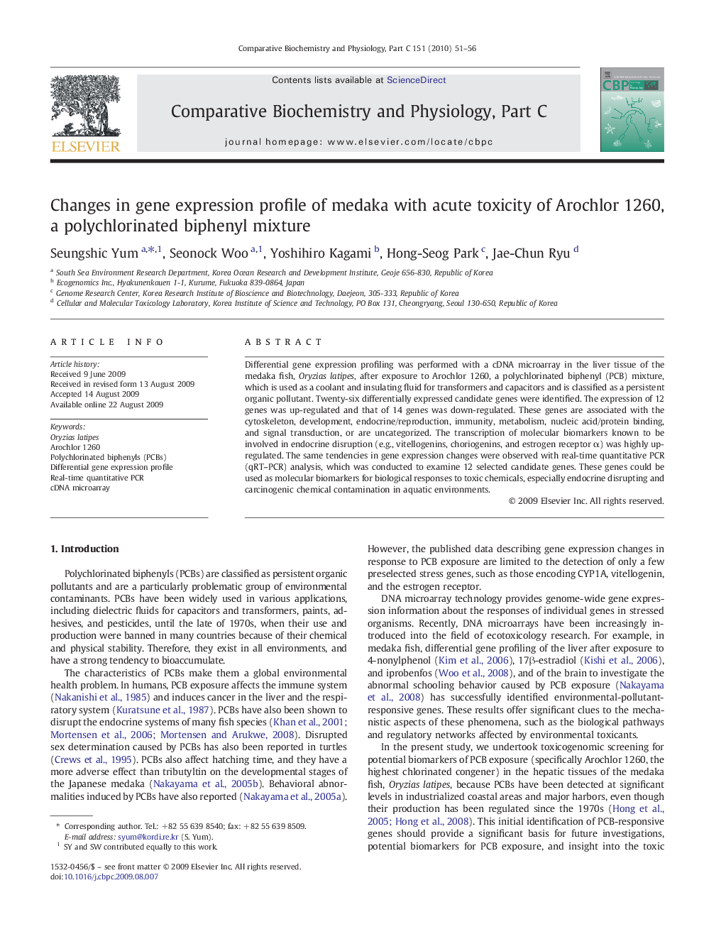 Changes in gene expression profile of medaka with acute toxicity of Arochlor 1260, a polychlorinated biphenyl mixture