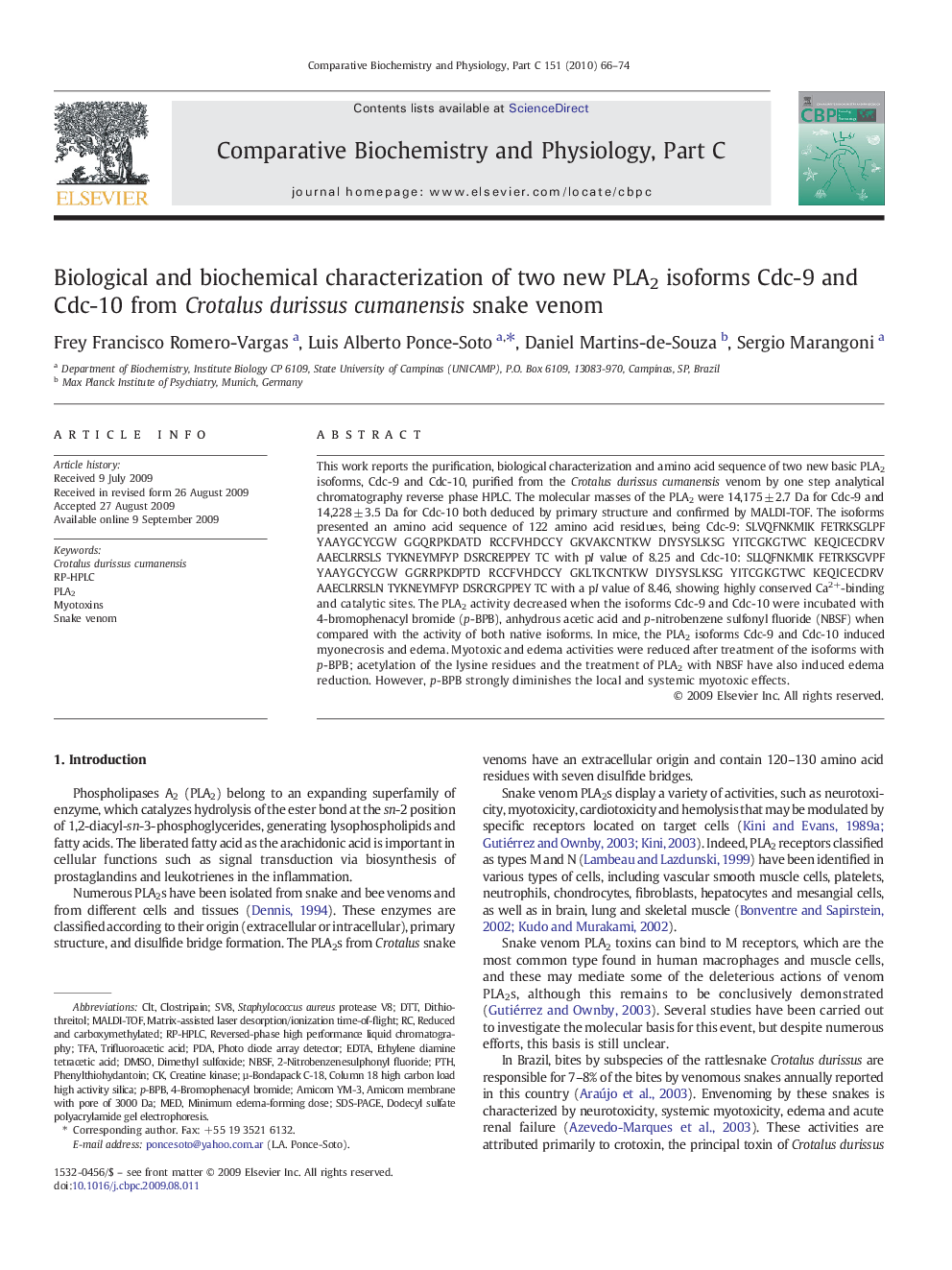 Biological and biochemical characterization of two new PLA2 isoforms Cdc-9 and Cdc-10 from Crotalus durissus cumanensis snake venom