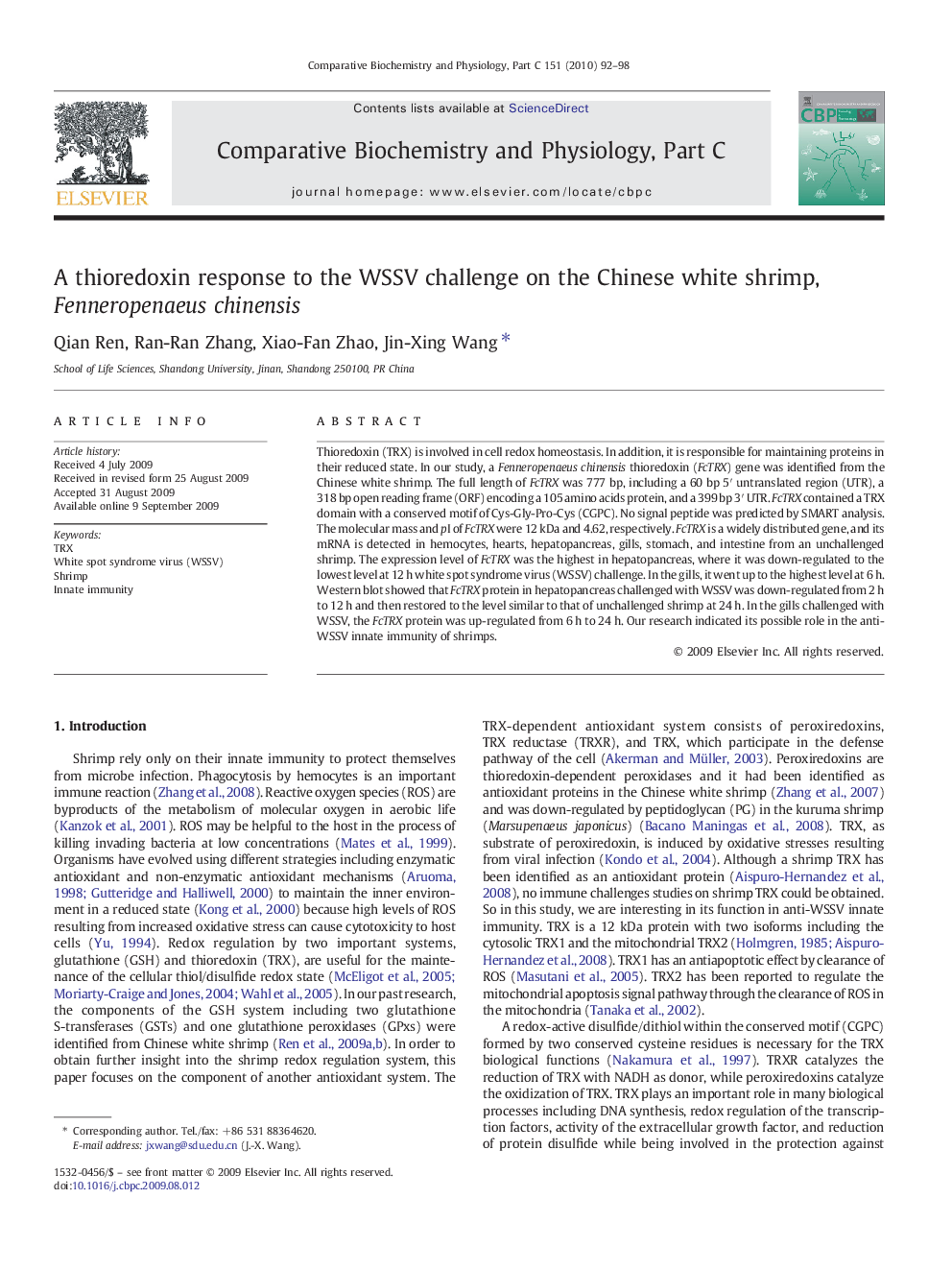 A thioredoxin response to the WSSV challenge on the Chinese white shrimp, Fenneropenaeus chinensis