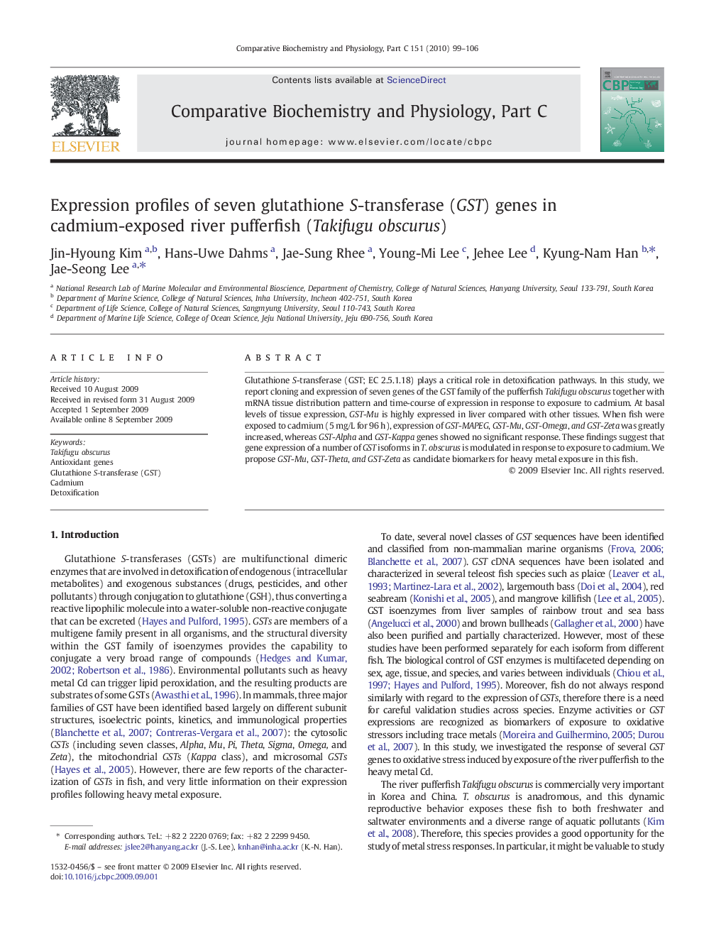 Expression profiles of seven glutathione S-transferase (GST) genes in cadmium-exposed river pufferfish (Takifugu obscurus)