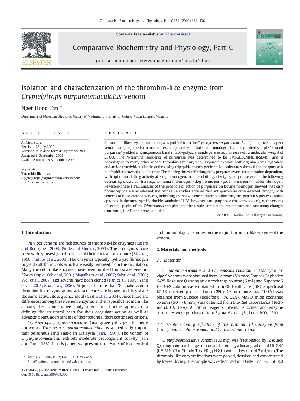 Isolation and characterization of the thrombin-like enzyme from Cryptelytrops purpureomaculatus venom