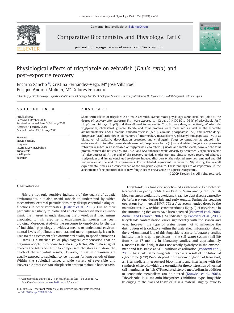 Physiological effects of tricyclazole on zebrafish (Danio rerio) and post-exposure recovery