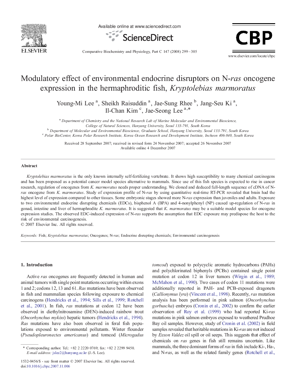 Modulatory effect of environmental endocrine disruptors on N-ras oncogene expression in the hermaphroditic fish, Kryptolebias marmoratus