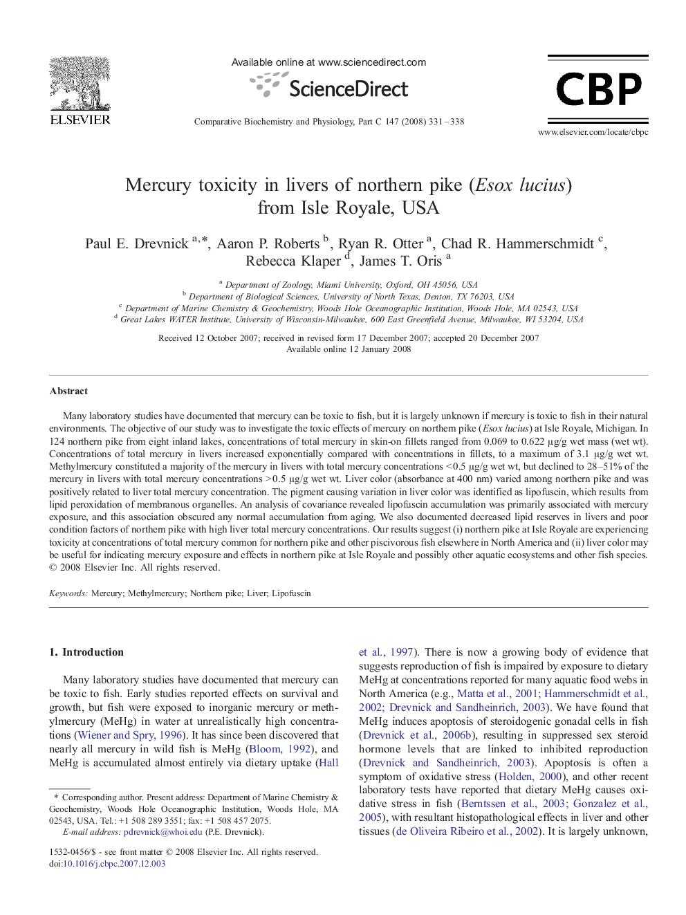 Mercury toxicity in livers of northern pike (Esox lucius) from Isle Royale, USA