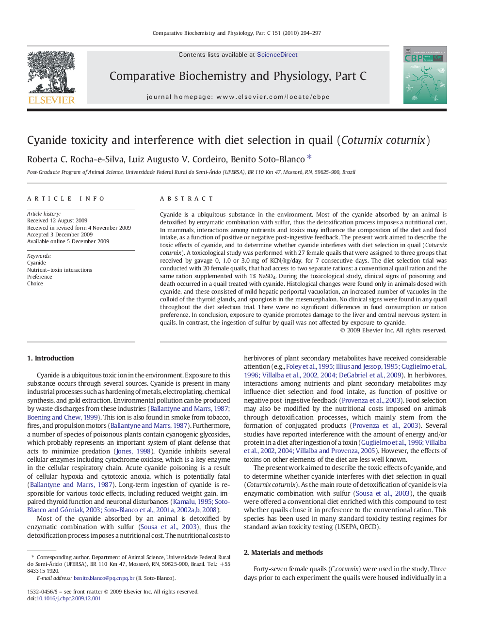 Cyanide toxicity and interference with diet selection in quail (Coturnix coturnix)