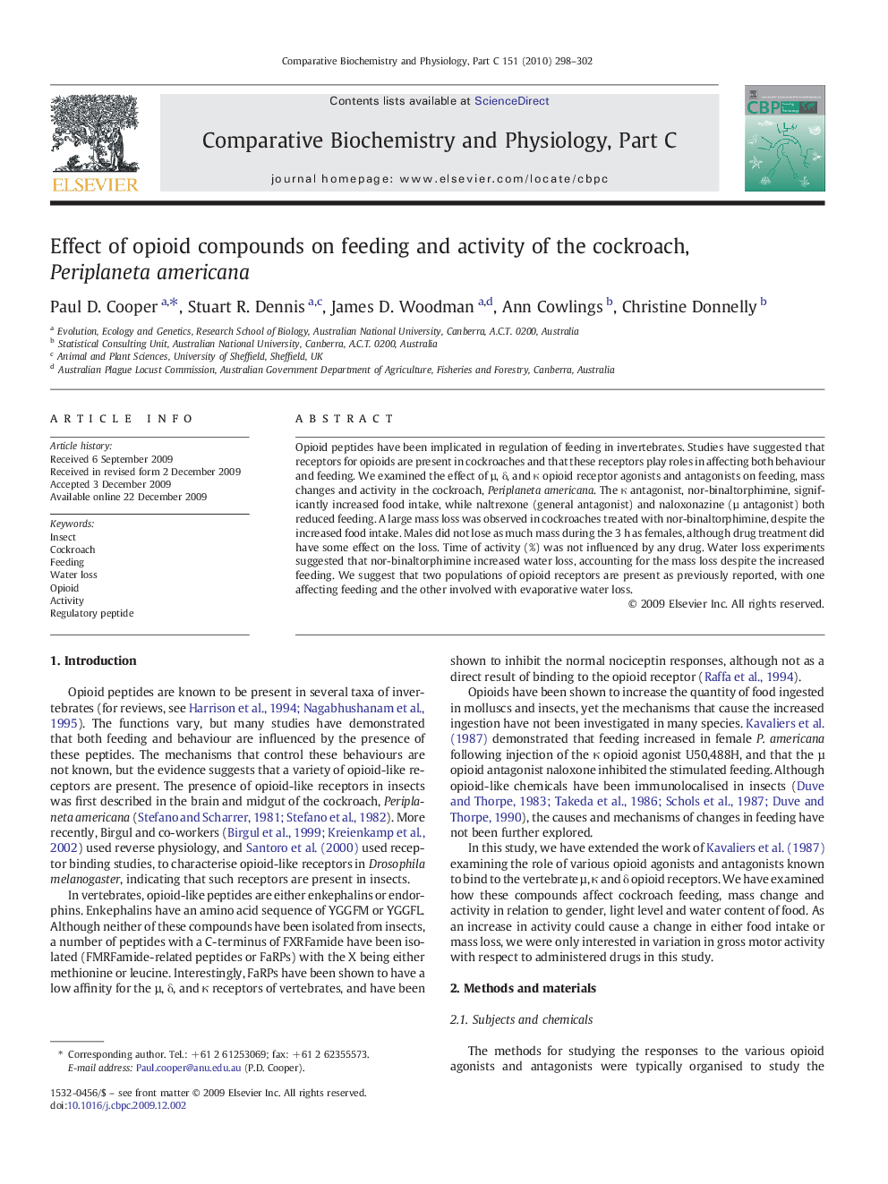 Effect of opioid compounds on feeding and activity of the cockroach, Periplaneta americana