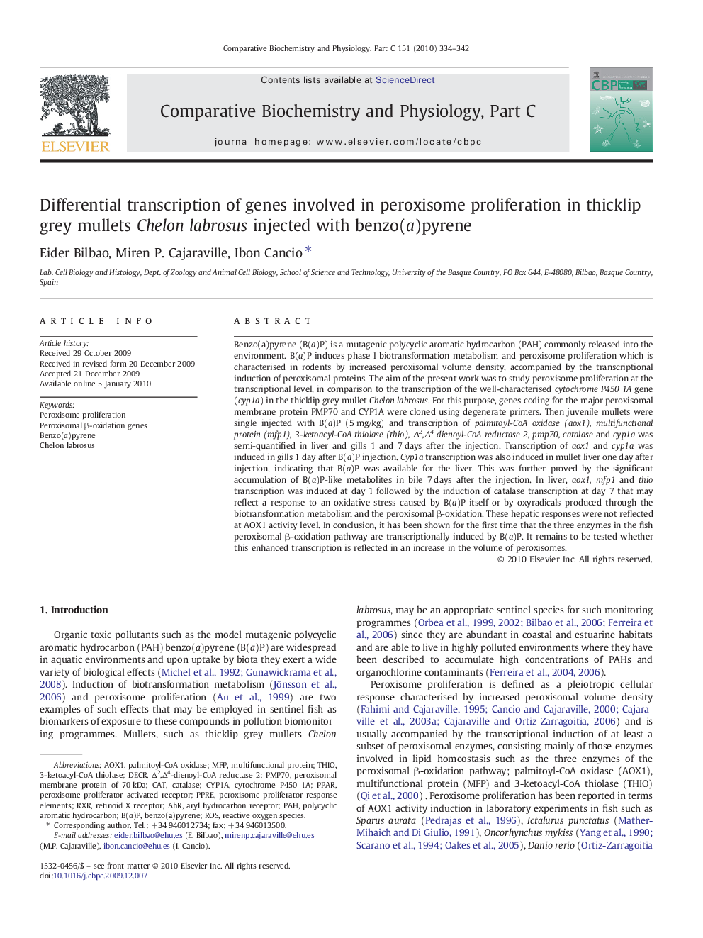 Differential transcription of genes involved in peroxisome proliferation in thicklip grey mullets Chelon labrosus injected with benzo(a)pyrene