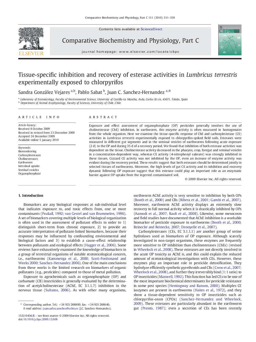 Tissue-specific inhibition and recovery of esterase activities in Lumbricus terrestris experimentally exposed to chlorpyrifos