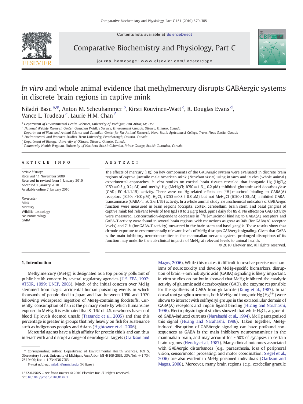 In vitro and whole animal evidence that methylmercury disrupts GABAergic systems in discrete brain regions in captive mink