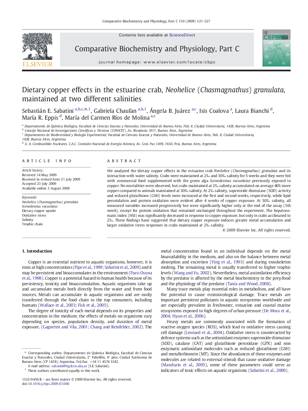 Dietary copper effects in the estuarine crab, Neohelice (Chasmagnathus) granulata, maintained at two different salinities