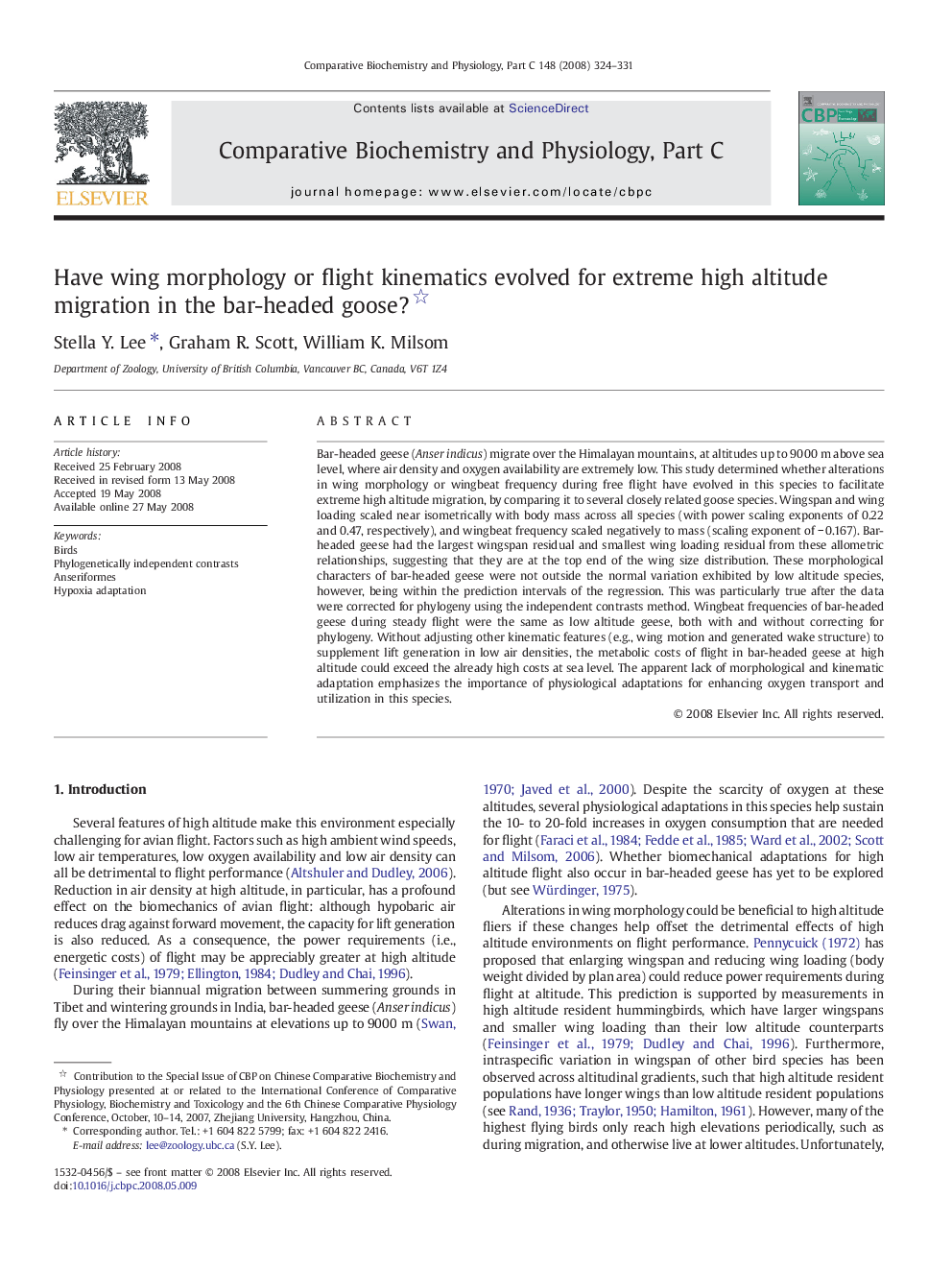 Have wing morphology or flight kinematics evolved for extreme high altitude migration in the bar-headed goose? 