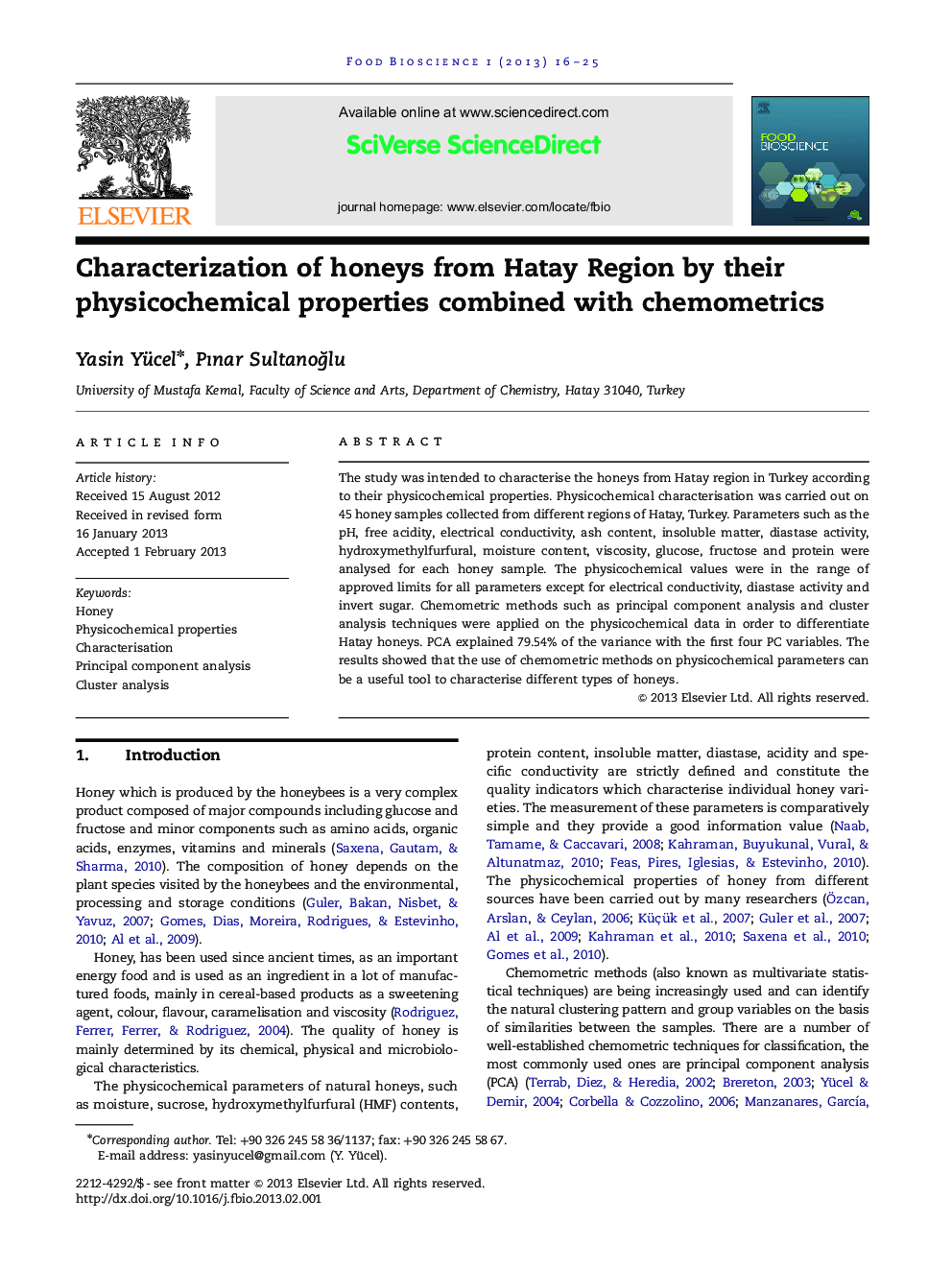 Characterization of honeys from Hatay Region by their physicochemical properties combined with chemometrics