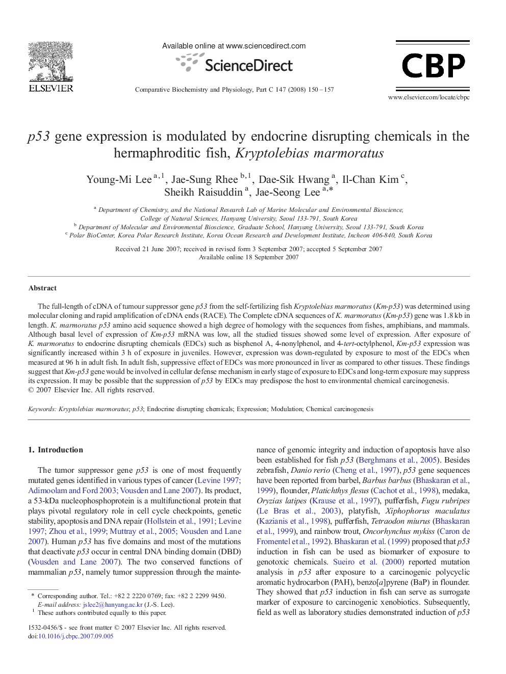 p53 gene expression is modulated by endocrine disrupting chemicals in the hermaphroditic fish, Kryptolebias marmoratus