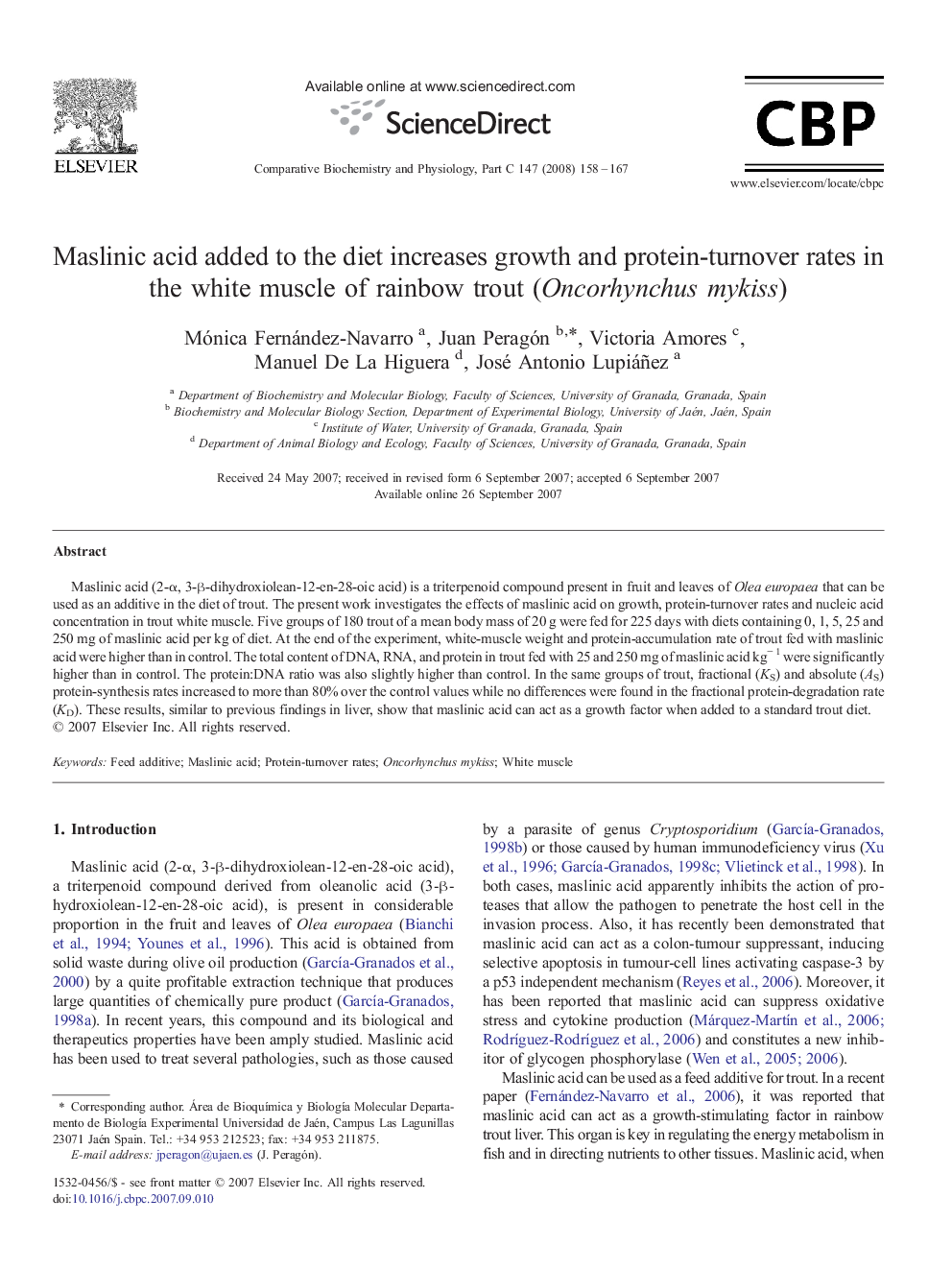 Maslinic acid added to the diet increases growth and protein-turnover rates in the white muscle of rainbow trout (Oncorhynchus mykiss)