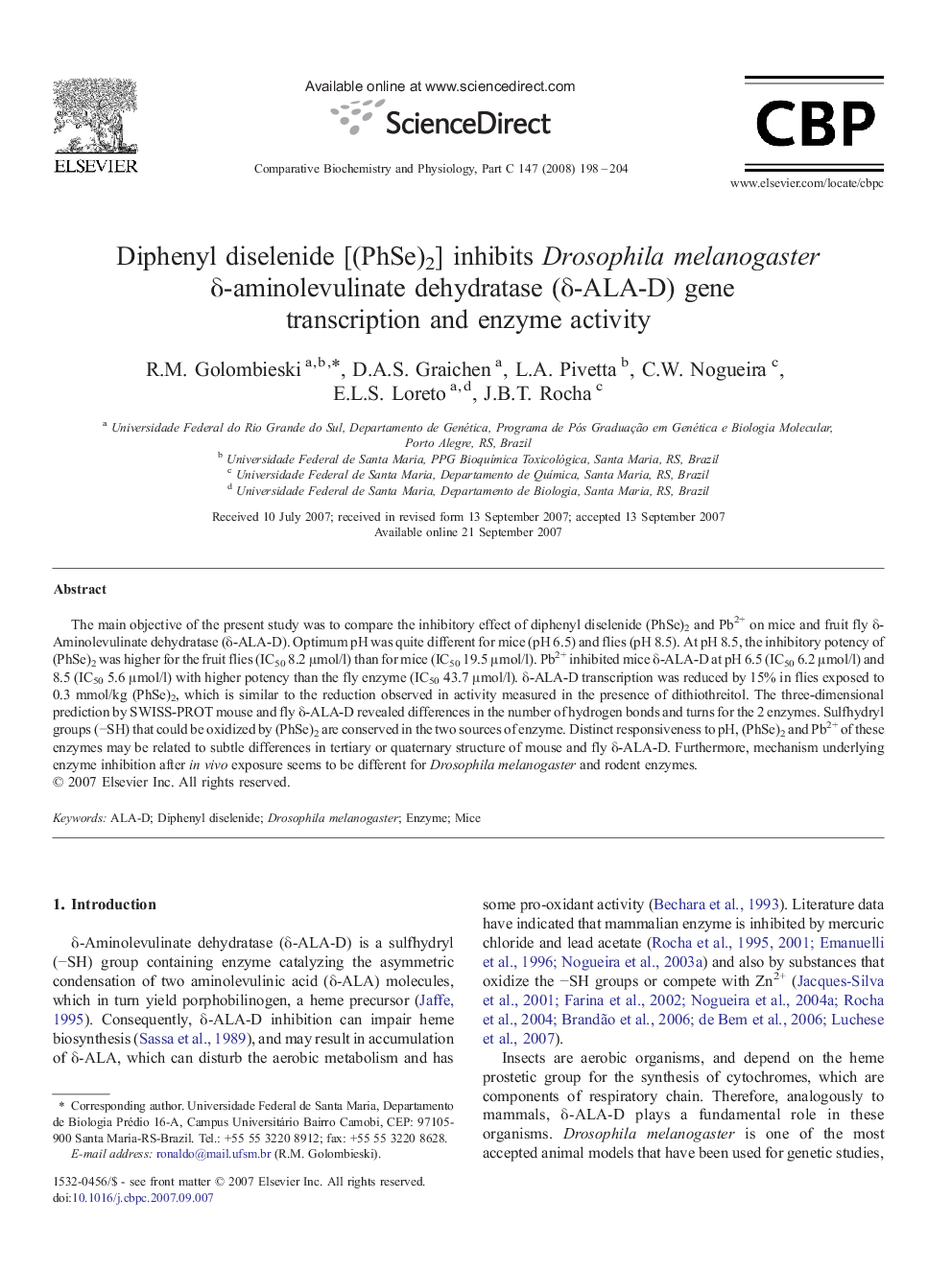 Diphenyl diselenide [(PhSe)2] inhibits Drosophila melanogaster δ-aminolevulinate dehydratase (δ-ALA-D) gene transcription and enzyme activity